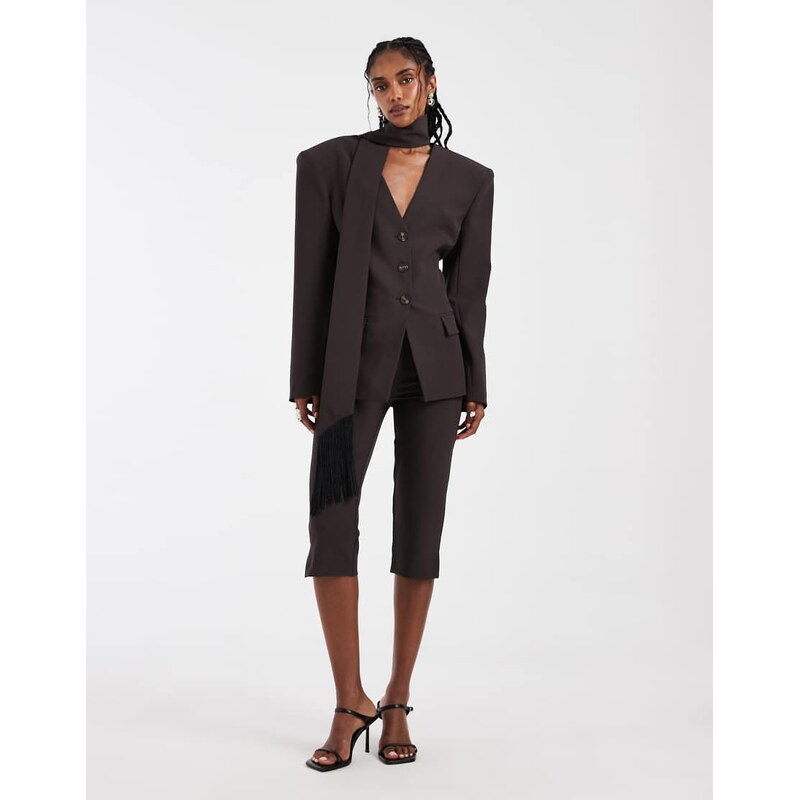 ASOS DESIGN cinch scarf detail fringe blazer in chocolate co ord