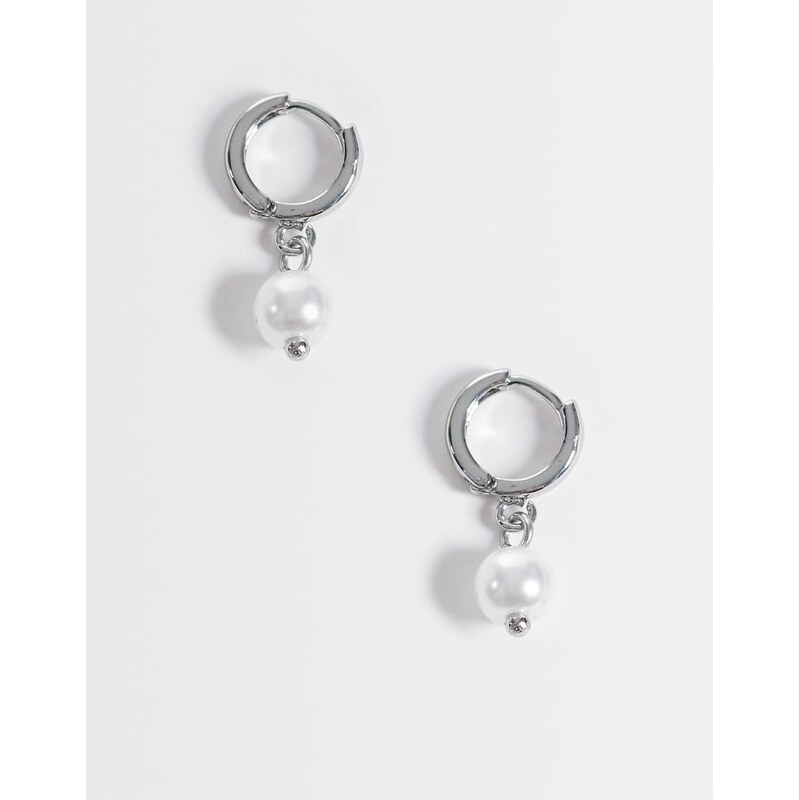 ASOS DESIGN faux pearl drop hoop huggie earrings in silver