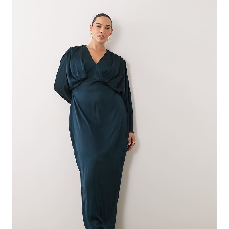 TFNC Plus satin plunge neck kimono sleeve maxi dress in emerald
