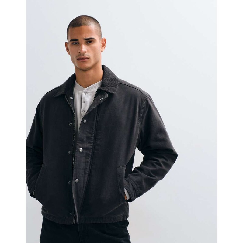 Abercrombie & Fitch zip up canvas worker jacket in black-Brown