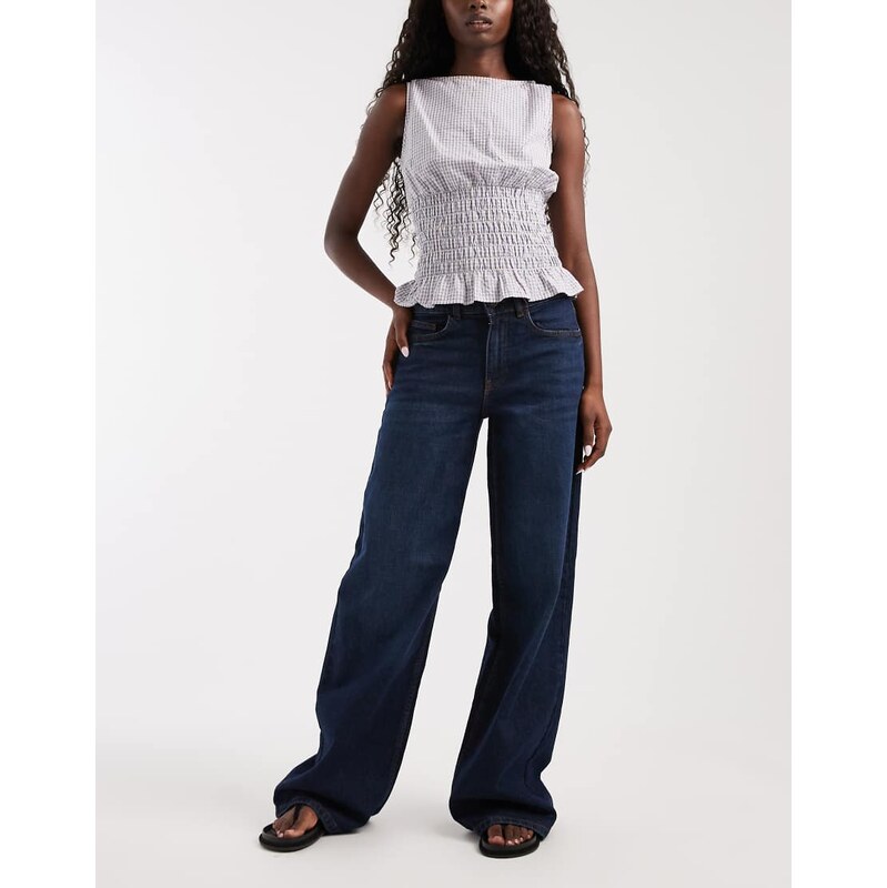 Noisy May Kenzie mid rise wide leg jeans in dark blue denim
