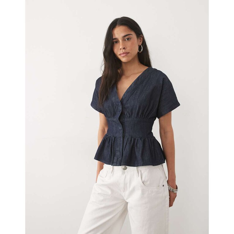 Miss Selfridge denim batwing tie front top in raw wash-Blue