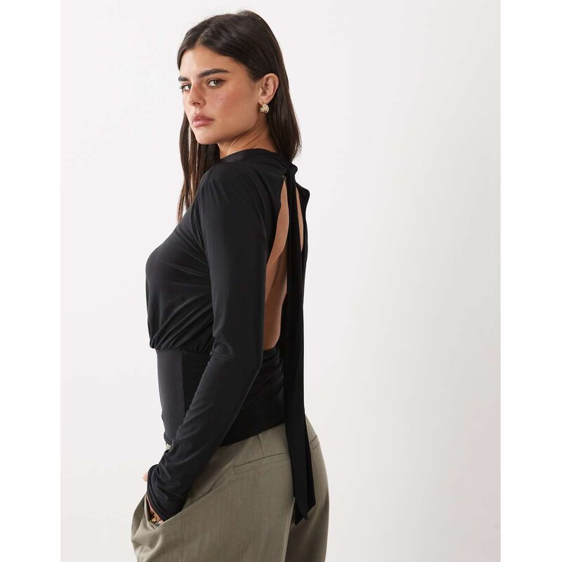 ASOS DESIGN blouson cinched open tie back blouse in black