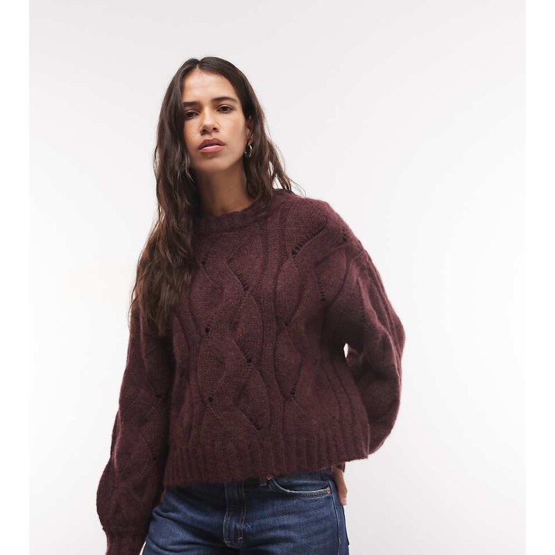 Monki boxy cable knit jumper in burgundy-Red