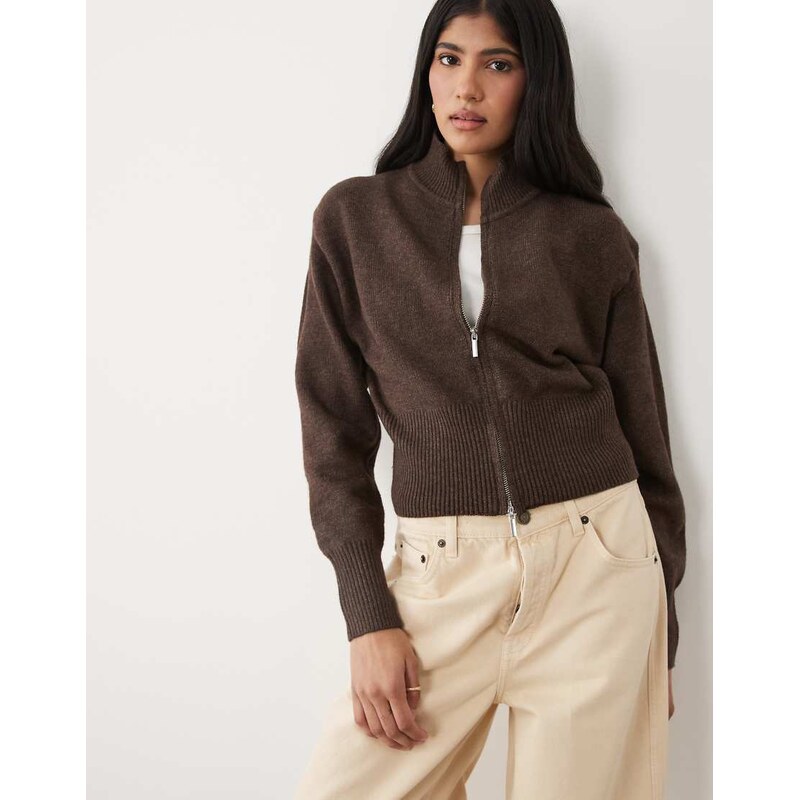 Cotton On Lotus cinched zip knit in dark oak-Brown