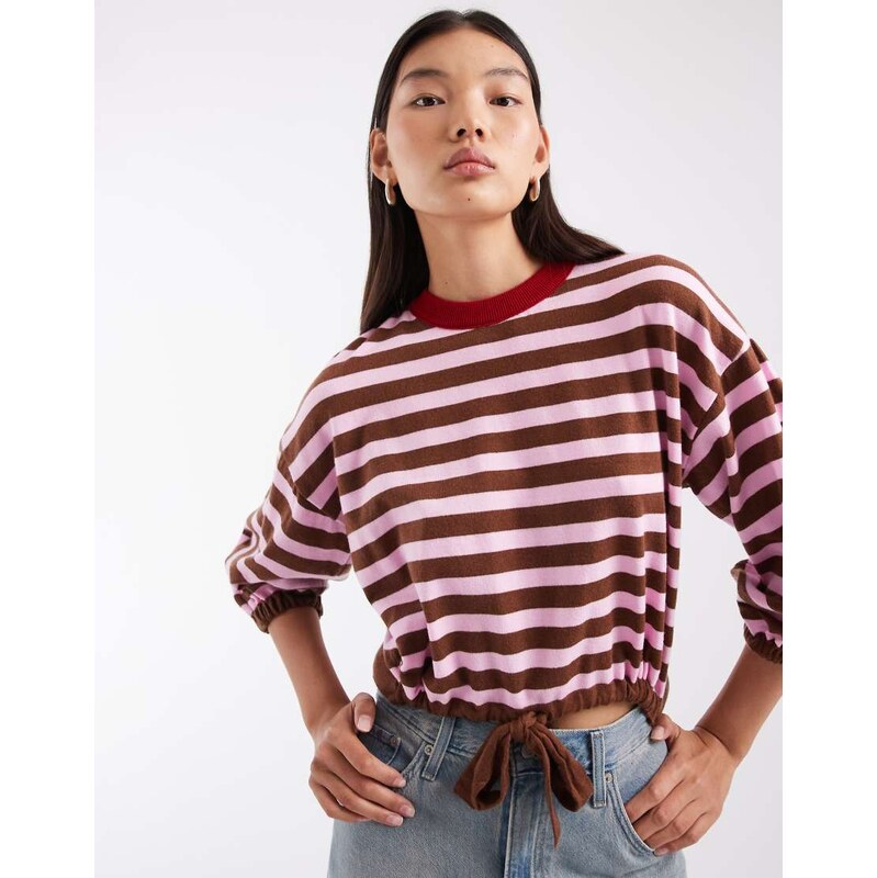 ASOS DESIGN knitted striped jumper with drawstring hem in brown