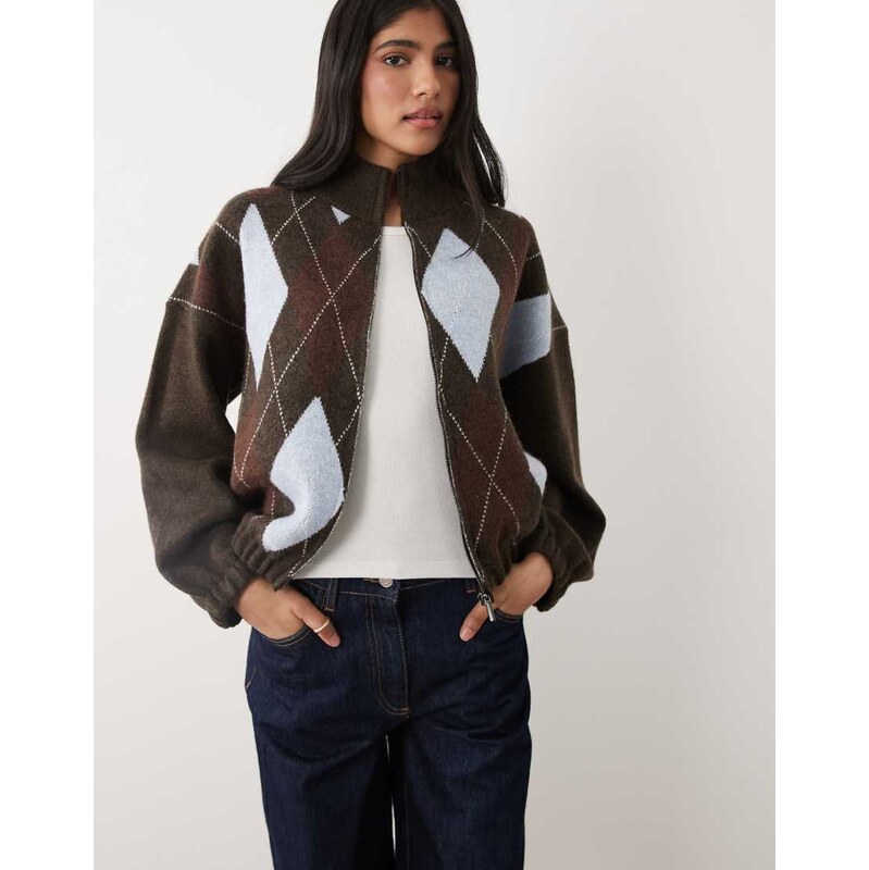 Cotton On Knitted argyle bomber in choc blue red-Brown