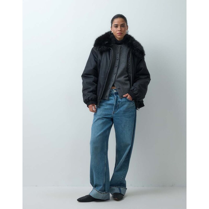 ASOS DESIGN MA1 bomber jacket with faux fur trim in black