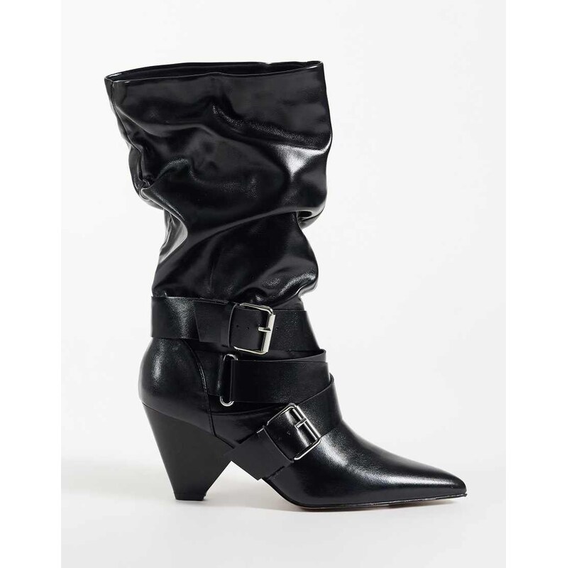 ASOS DESIGN Cade buckle detail heeled slouch boots in black