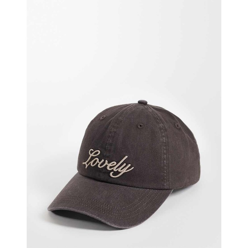 Gina Tricot embroidered cap in washed chocolate-Brown