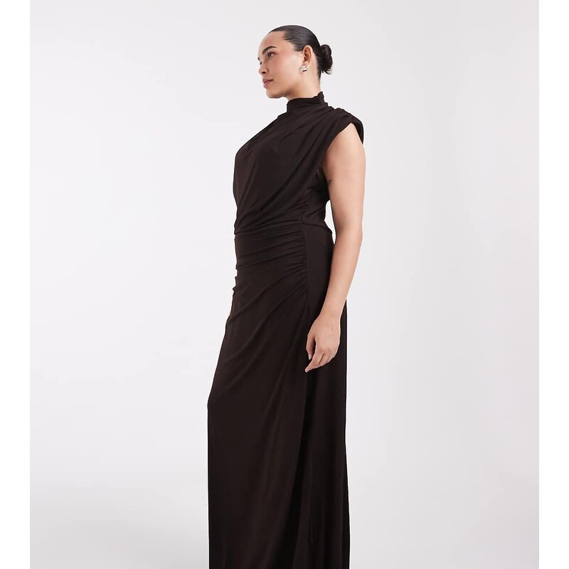 TFNC Plus slinky high neck shoulder pad draped detail maxi dress