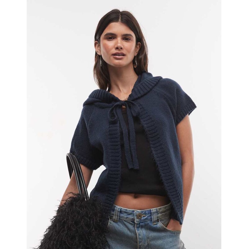 COLLUSION hooded tie front cardigan in navy