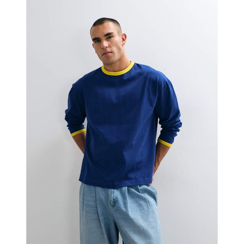 ASOS DESIGN oversized long sleeve ringer t-shirt in blue