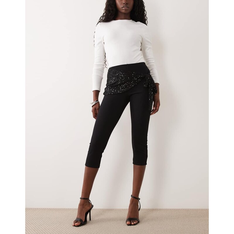 ASOS DESIGN longline capris with sequin sash waist in black