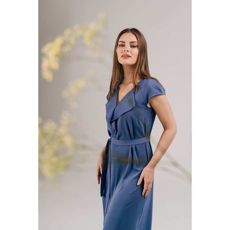 Stylove Womans Sleeveless dress with ruffled neckline - blue