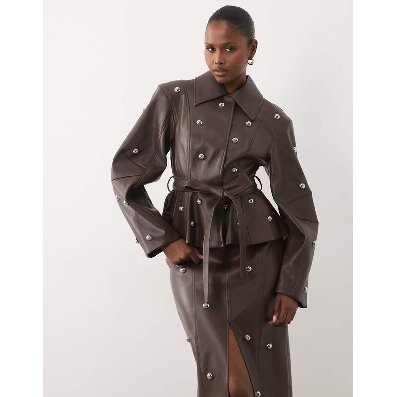 ASOS LUXE PU studded blazer co-ord with belt in chocolate-Brown