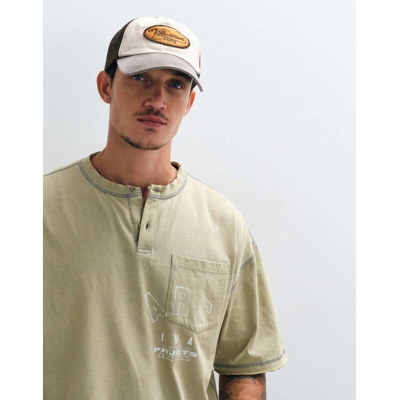 ASOS DESIGN boxy oversized t-shirt with henley and graphic in