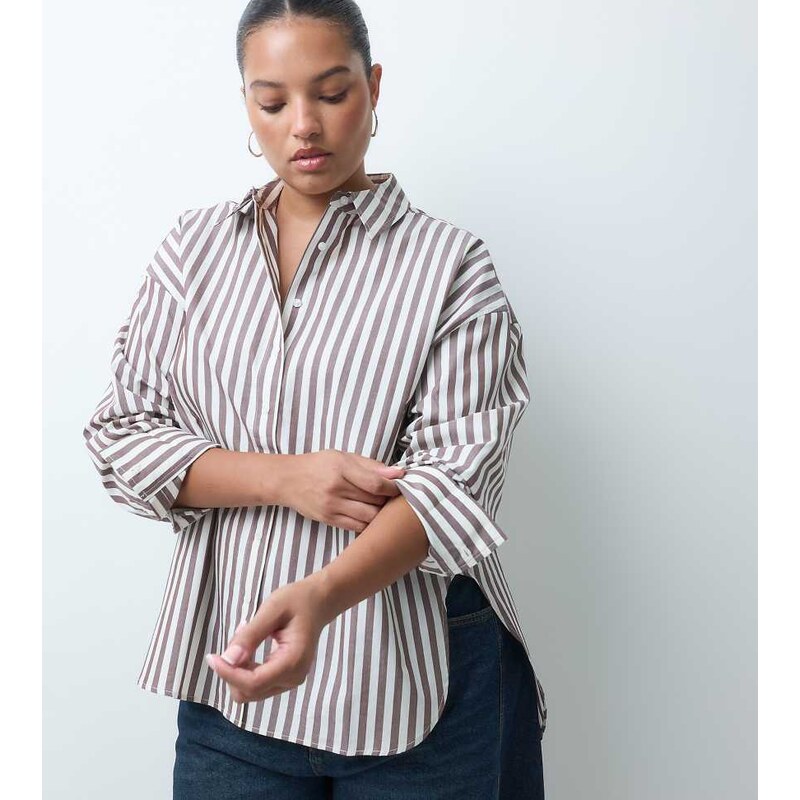 ASOS Curve ASOS DESIGN Curve dipped hem oversized shirt in brown