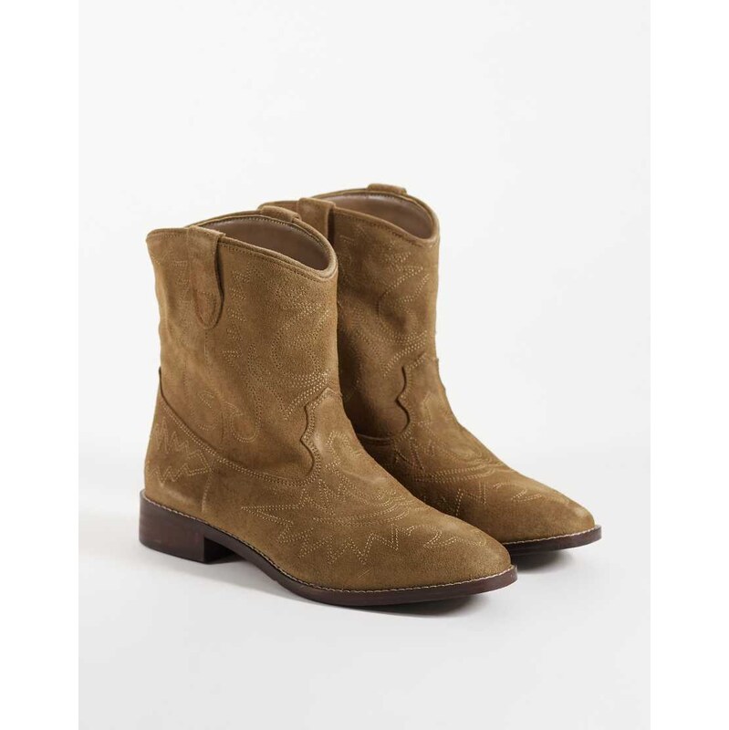 Mango Teen 100% suede leather short western boot in sand-Neutral