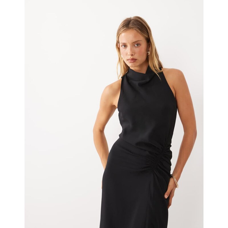 Mango high neck ruched sleeveless midi dress in black