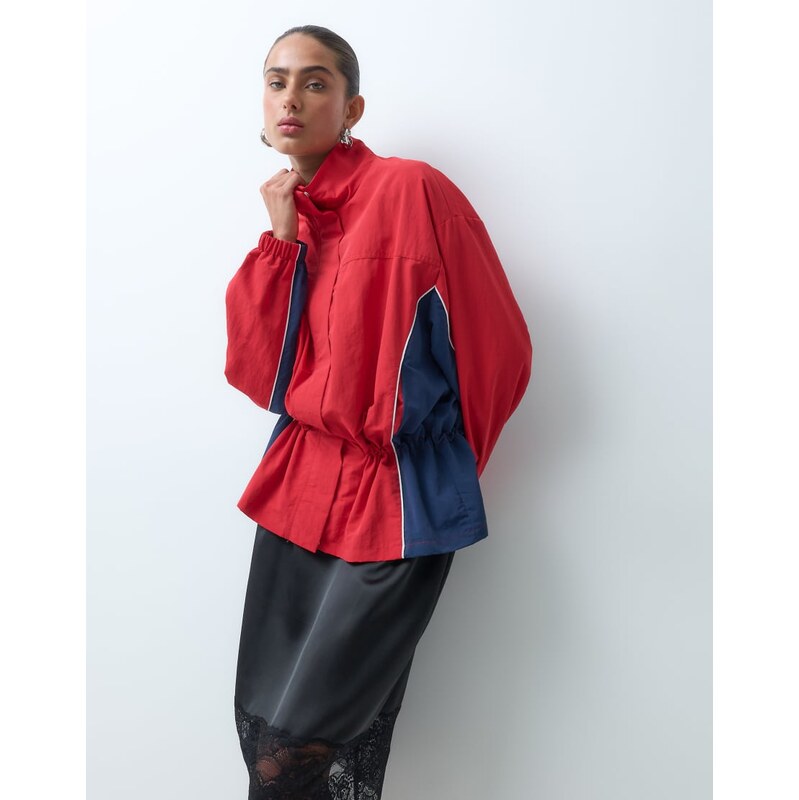 ASOS DESIGN cinched colour block cinched jacket in red and blue
