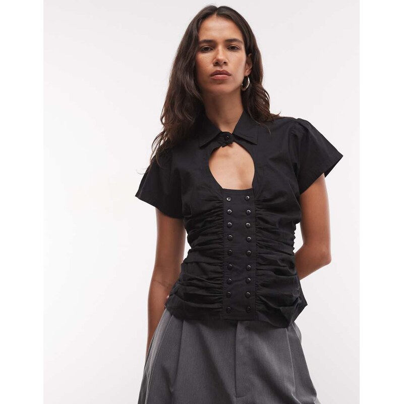COLLUSION keyhole ruched fitted shirt in black