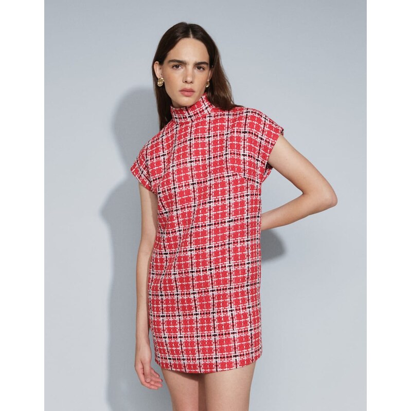 ASOS DESIGN high funnel neck mini dress in red boucle-Multi