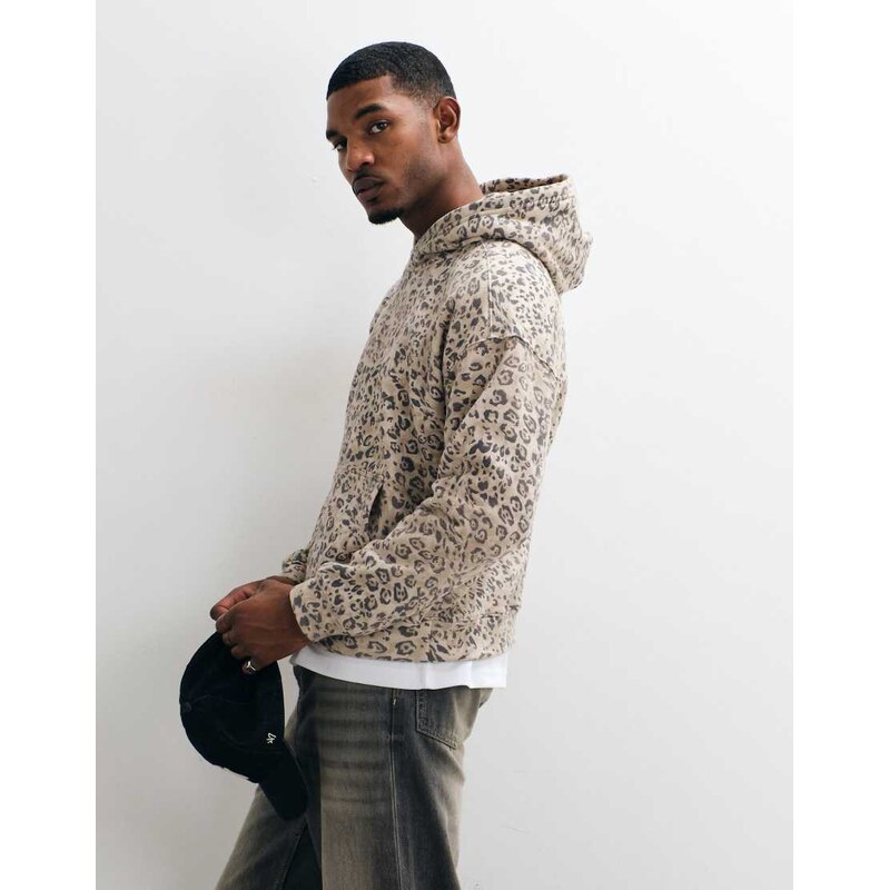 Hollister boxy fit hoodie in light leopard print-Brown