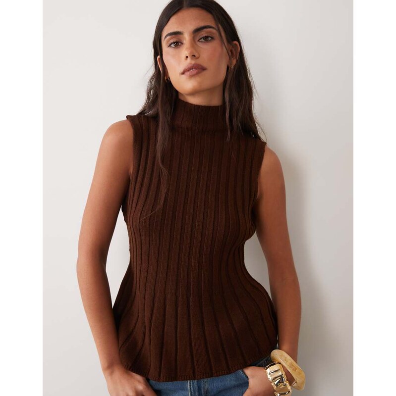 ASOS DESIGN knitted ribbed high neck tank top in chocolate brown