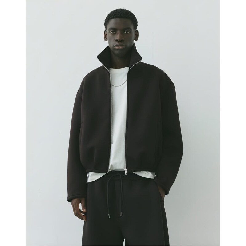 Pull&Bear Neoprene-effect zip-up jacket in brown