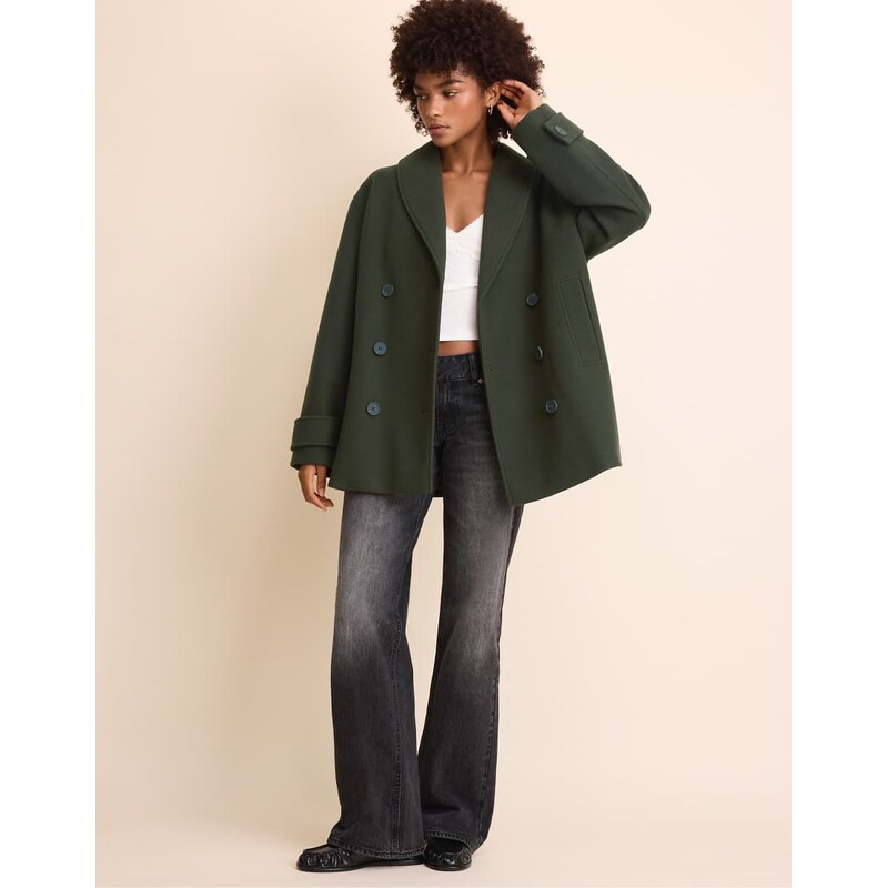 Stradivarius Shawl neck short coat in khaki-Green