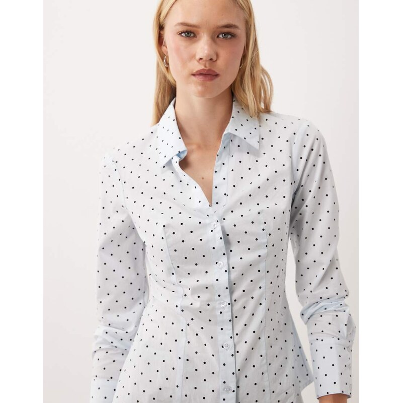 Miss Selfridge poplin fitted shirt in blue polka dot-Multi
