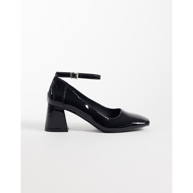 London Rebel Hettie mid block heeled shoes in patent black