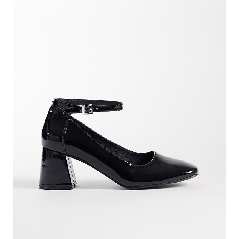London Rebel Wide Fit Hettie mid block heeled shoes in patent