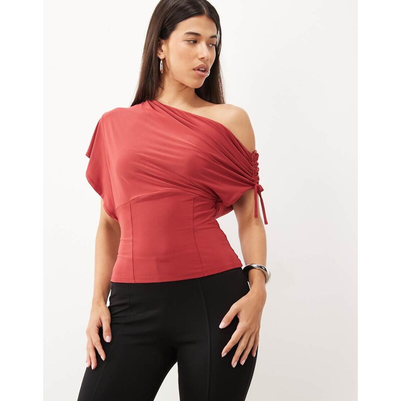 ASOS DESIGN slinky drape one shoulder top in cherry-Red