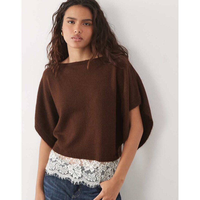 Miss Selfridge knitted slash neck top with lace hem in chocolate
