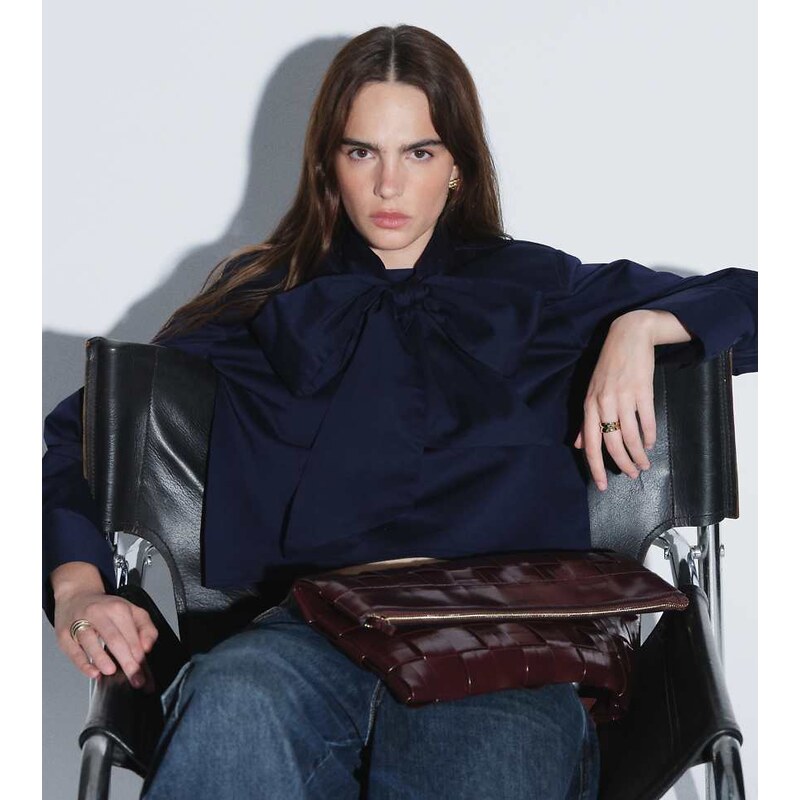 ASOS DESIGN pussybow back blouse with shoulder pads in navy