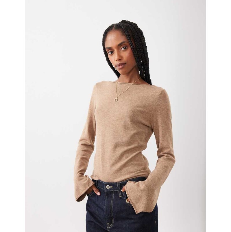 Threadbare knitted slash neck top in oat-Neutral