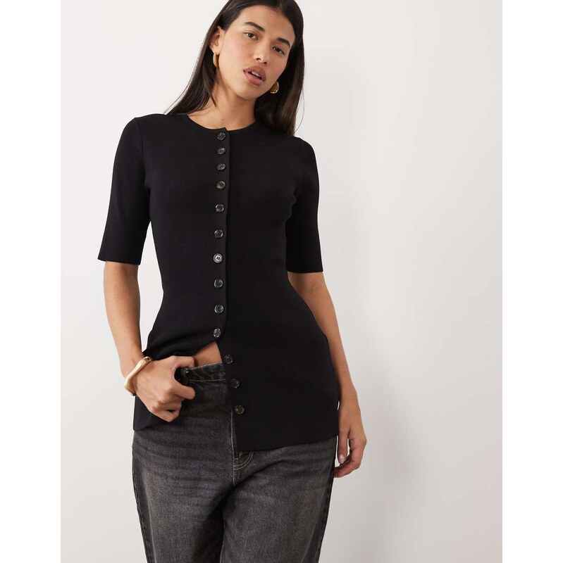 Pretty Lavish knit button down longline top in black
