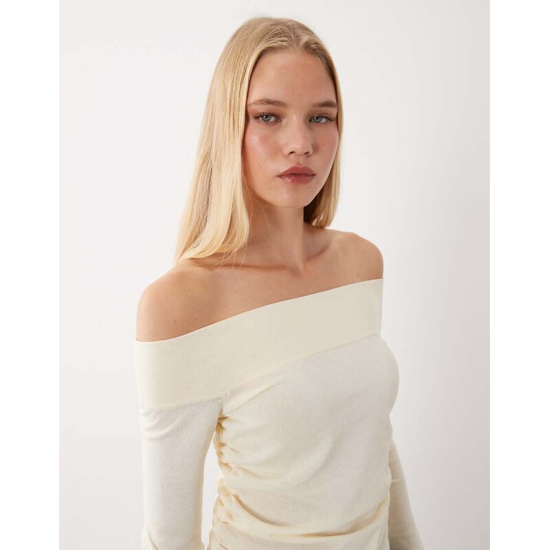 Mango lightweight knitted off shoulder top in ecru-Neutral