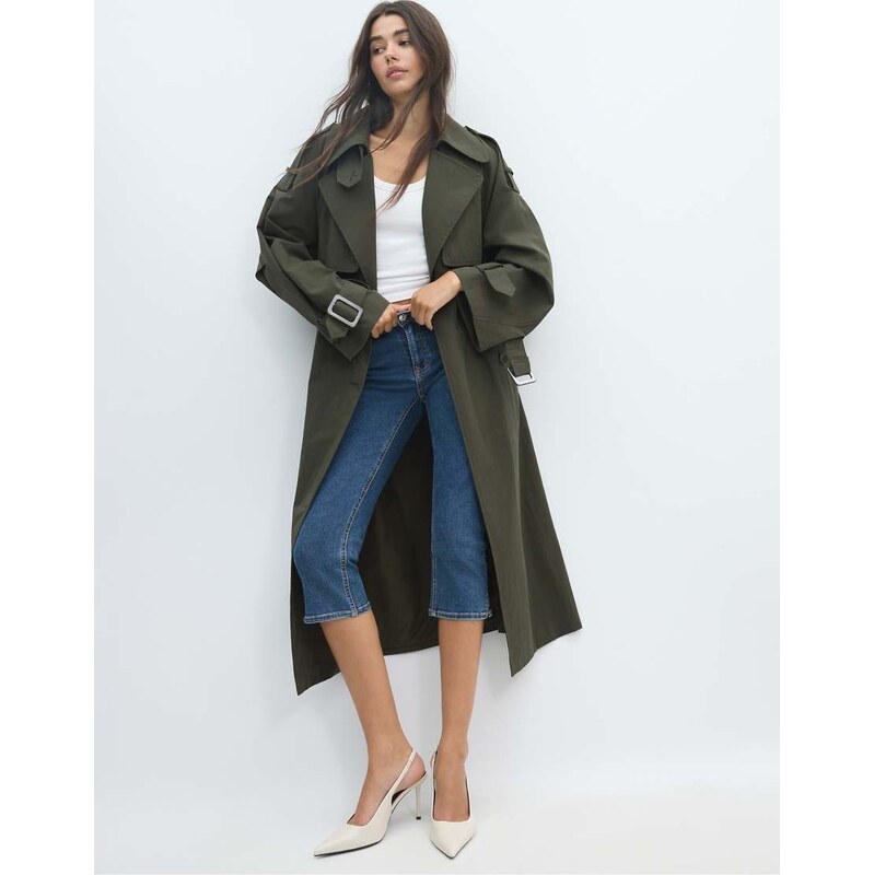 Stradivarius Oversize trench coat in khaki-Green