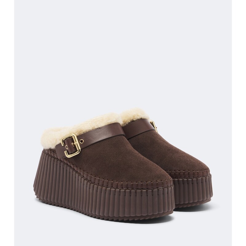 Chloé Nama shearling-lined suede platform mules