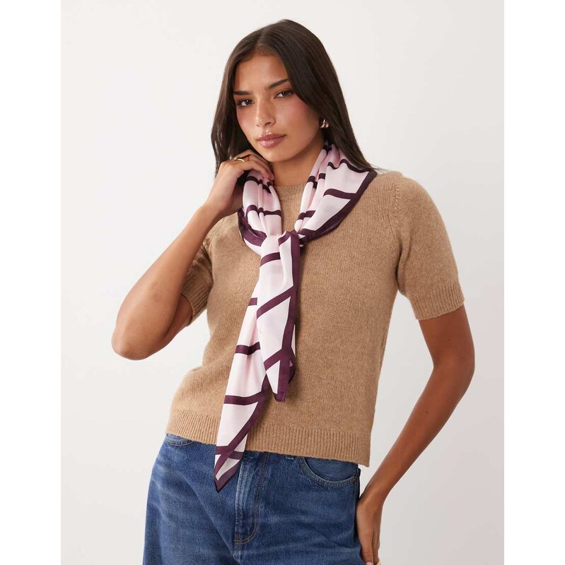 Gina Tricot satin scarf in pink & burgundy stripe-Red