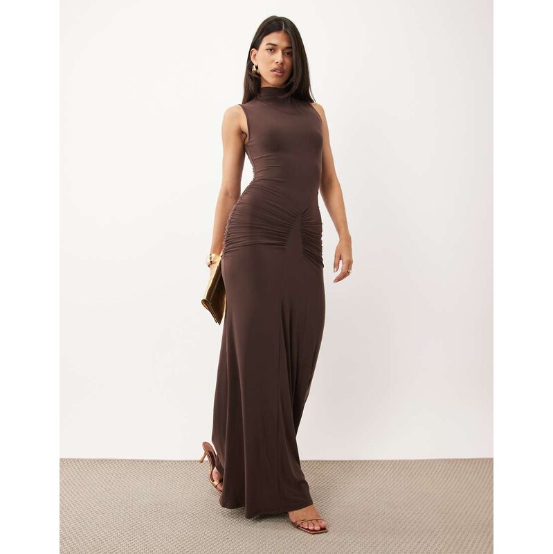 ASOS DESIGN high neck godet detail column maxi dress in brown