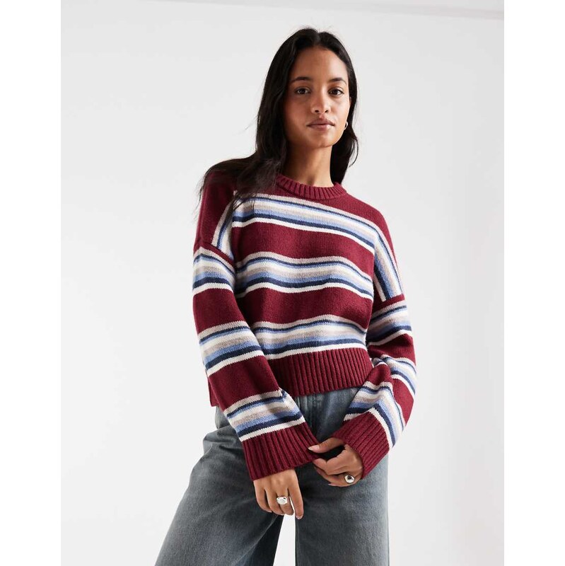 Hollister knitted crew neck jumper in burgundy stripe-Red