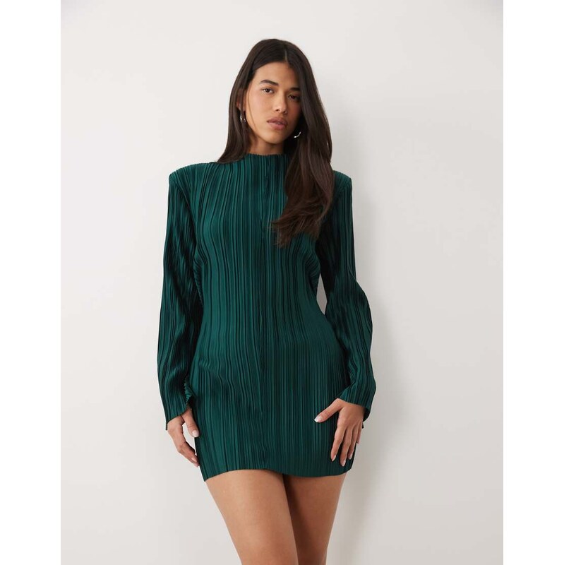 ASOS DESIGN exaggerated sleeve plisse mini dress in emerald