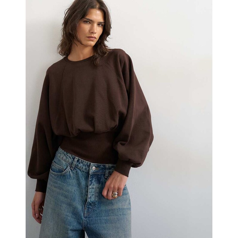 Topshop raglan cinch waist ruched sweat in chocolate-Brown