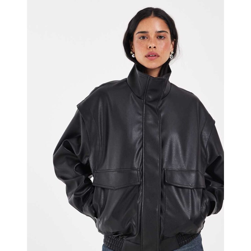 JJXX funnel neck pu leather bomber in black