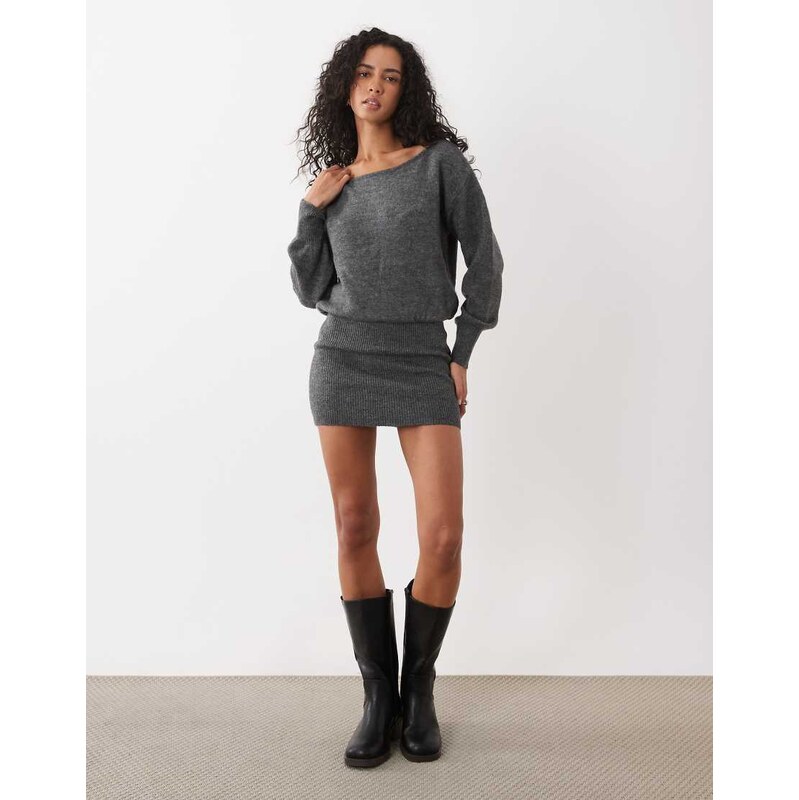 Cotton On knit tunic long sleeve off shoulder dress in charcoal