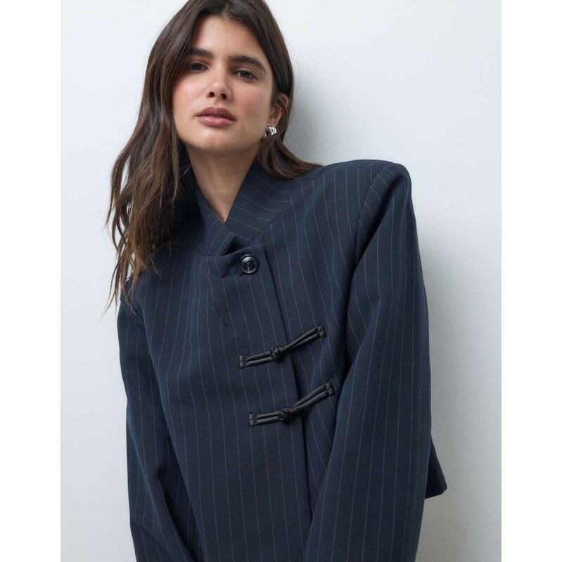 ASOS DESIGN Tailored boxy crop mandarin style blazer in navy